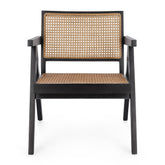 Fekete színű, teakfából és rattanból készült, formatervezett design fotel.